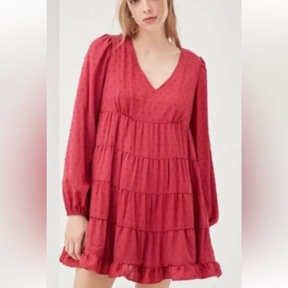 URBAN OUTFITTERS Textured Long Sleeve Frocked Mini Boho Dress Women’s Sz XS red - Picture 1 of 6